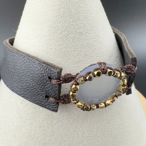 Artisan Handmade Leather Strap Bead Chaledoncy Stone 14k Gold Filled Bracelet - Picture 3 of 7